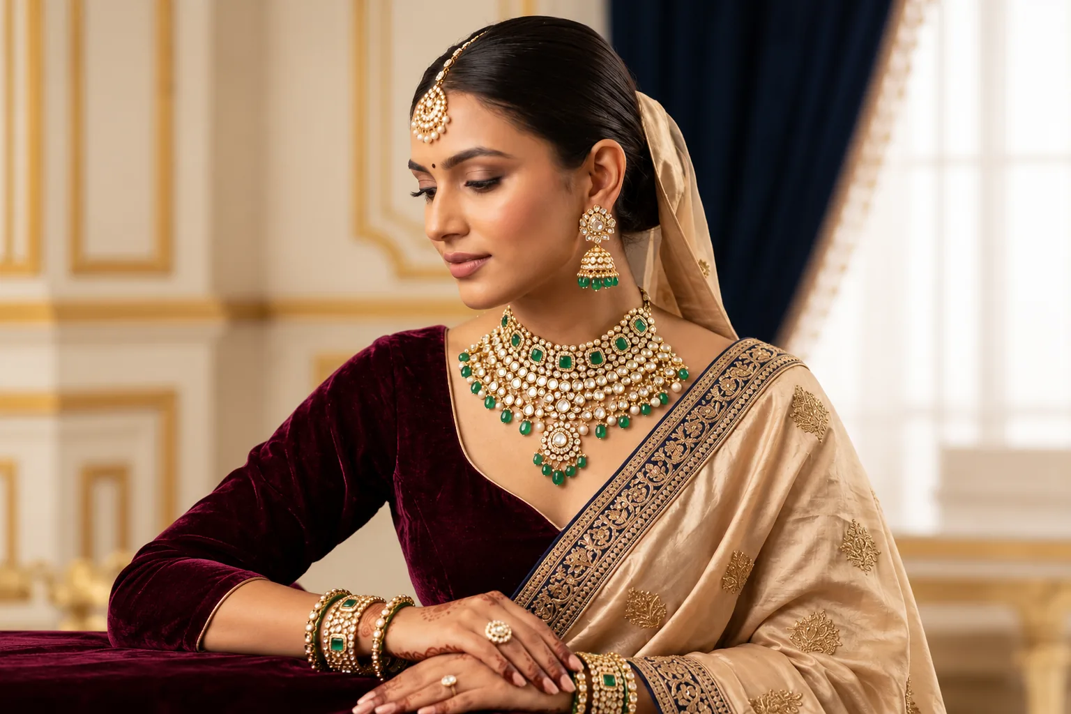 Bride wearing a kundan and emerald necklace with matching jhumkas and bangles
