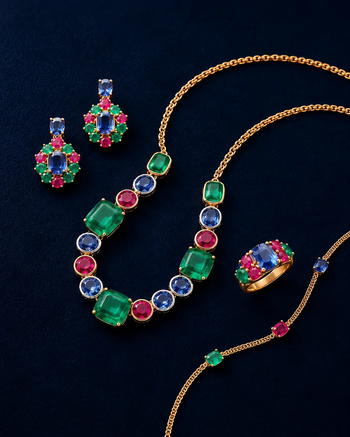 Emerald, ruby and sapphire necklace with matching earrings, ring and bracelet on navy