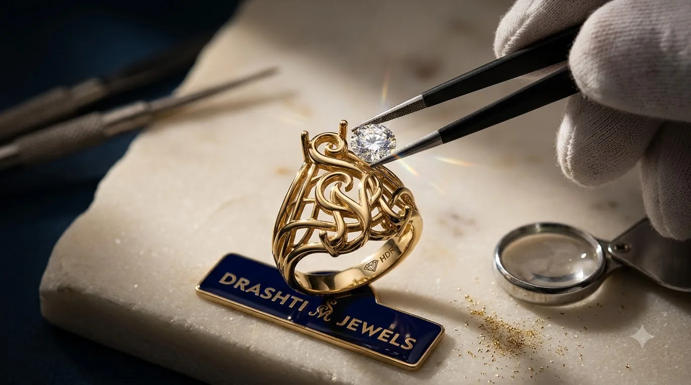 Gloved hands using tweezers to set a diamond into a gold ring, beside a Drashti Jewels plaque