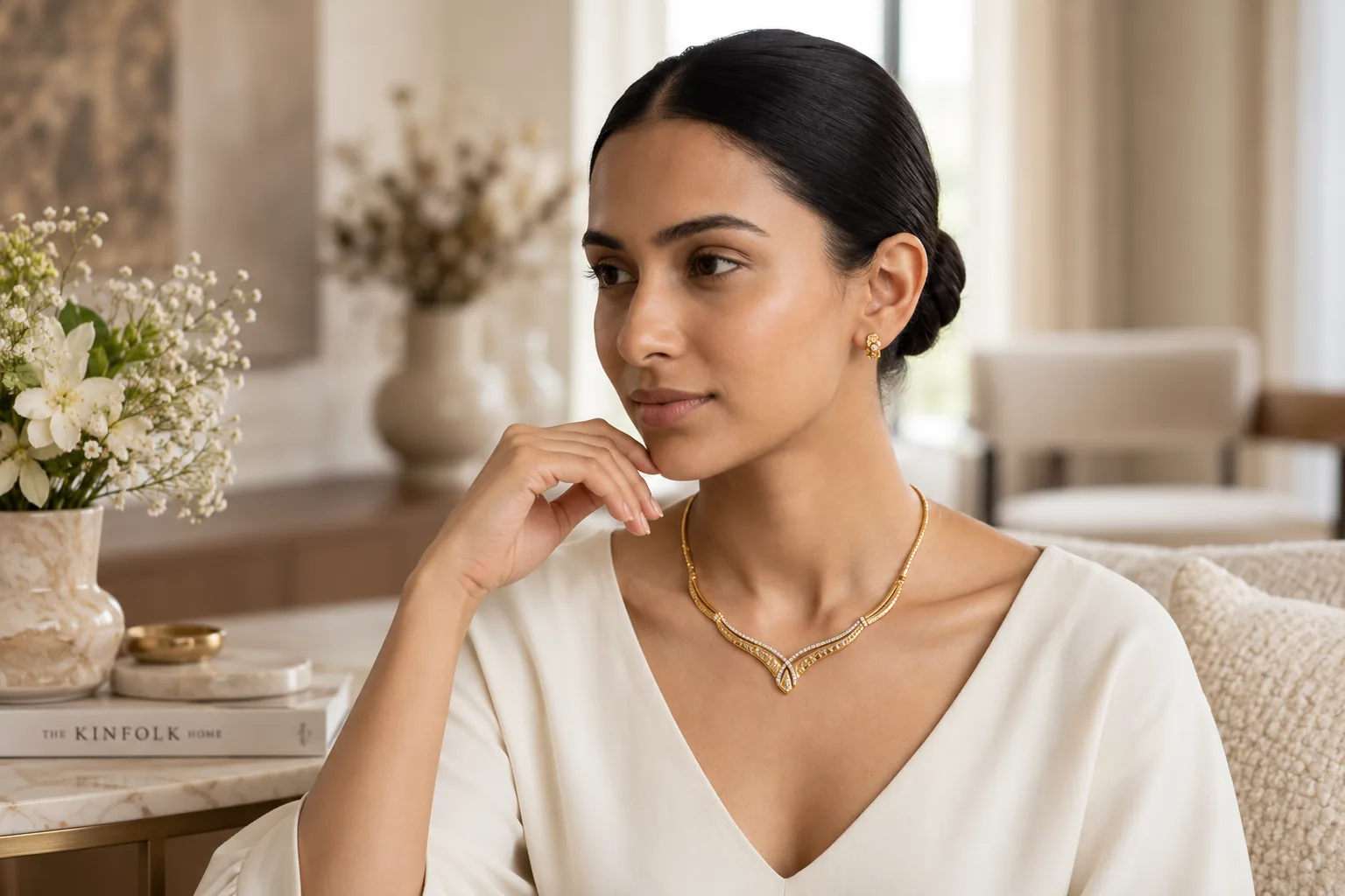 Woman wearing a fine gold V-shaped necklace and small stud earrings