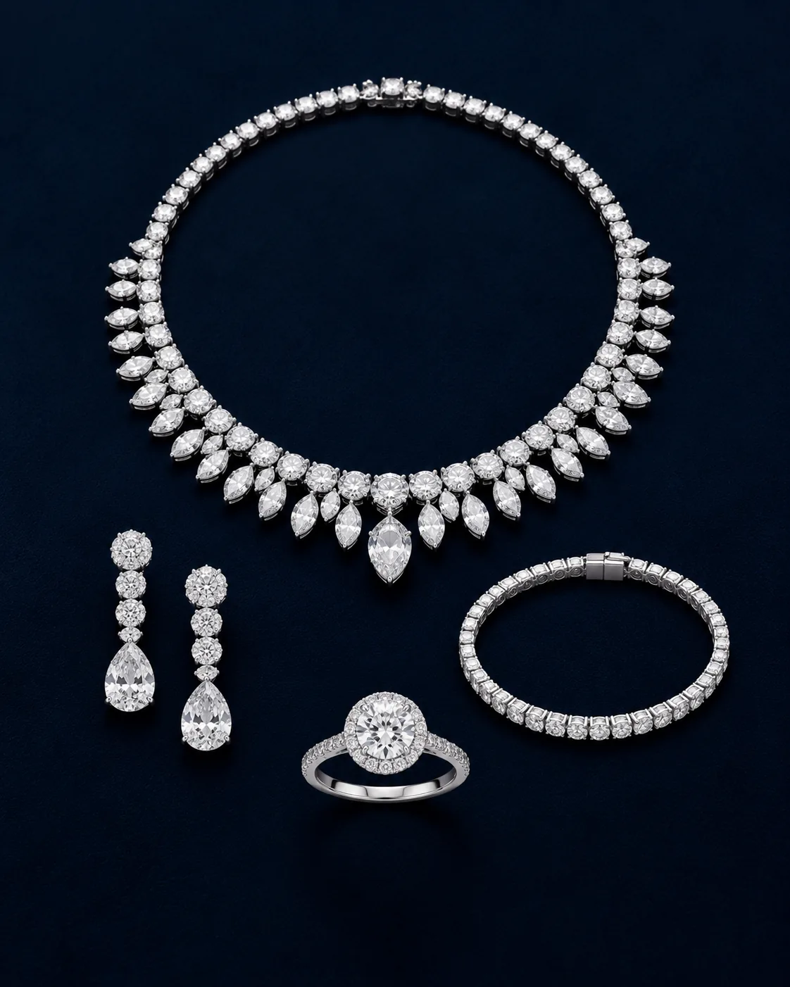 Diamond necklace with drop earrings, halo ring and tennis bracelet on navy