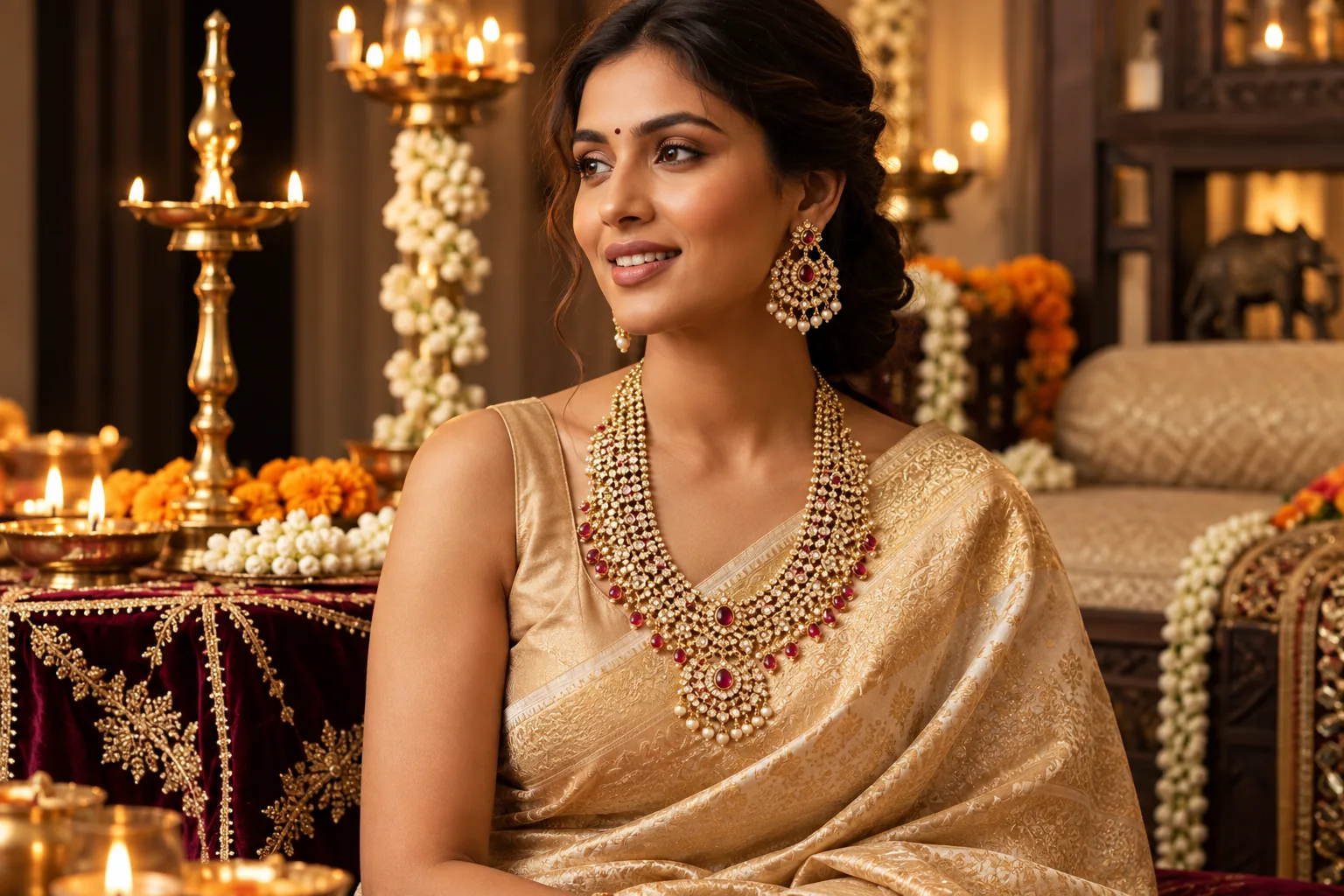 Woman in a gold saree wearing a layered gold and ruby necklace, surrounded by lit diyas