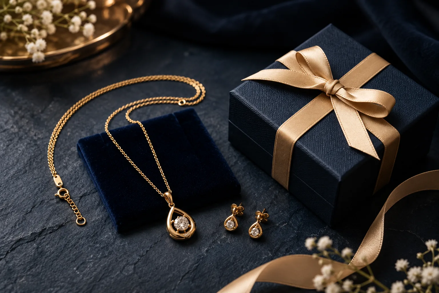 Gold pendant and matching stud earrings beside a navy gift box with a satin bow